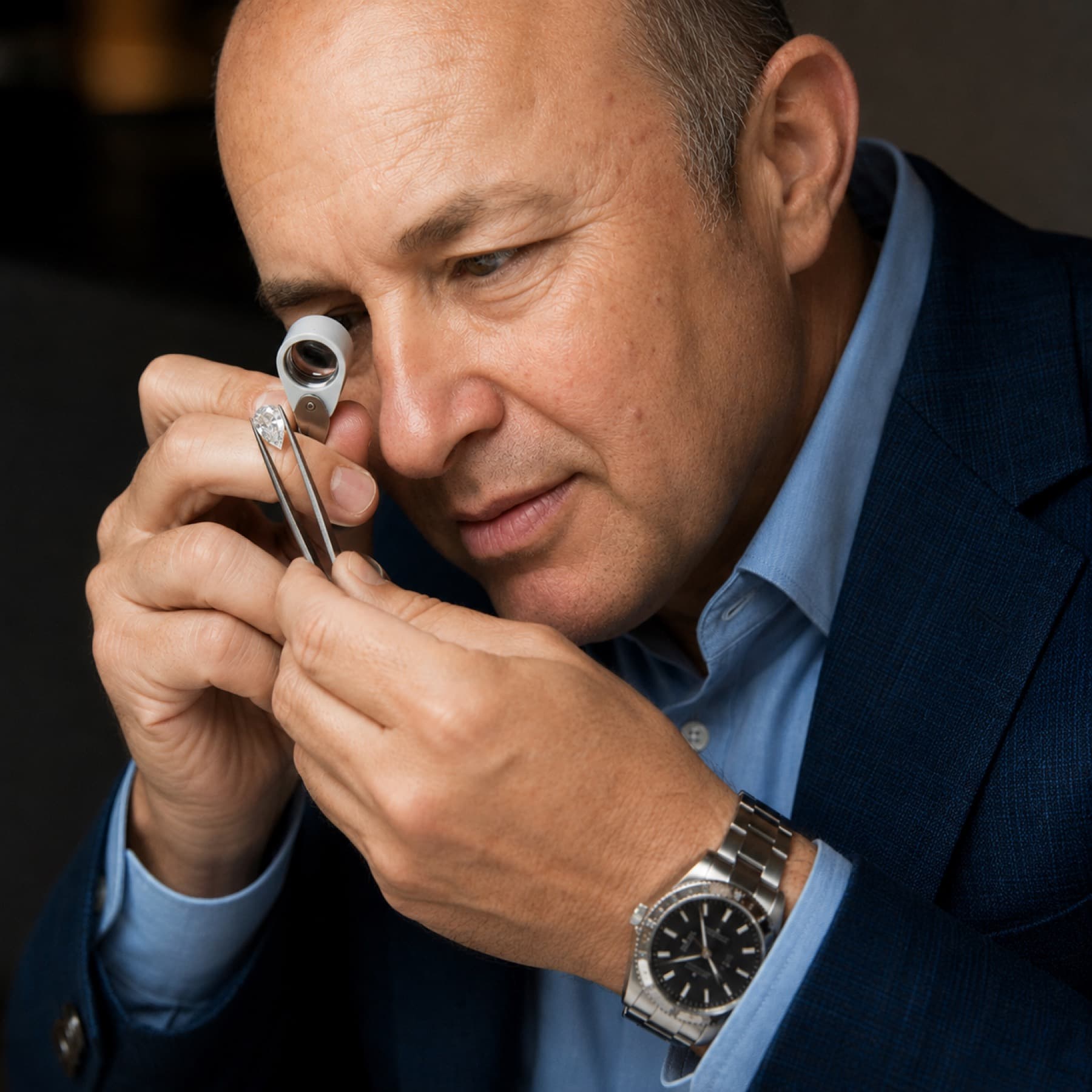 Kevin Keller, co-owner of San Diego Jewelry Buyers and Maxwell Keller's father, checking a piece under a loupe