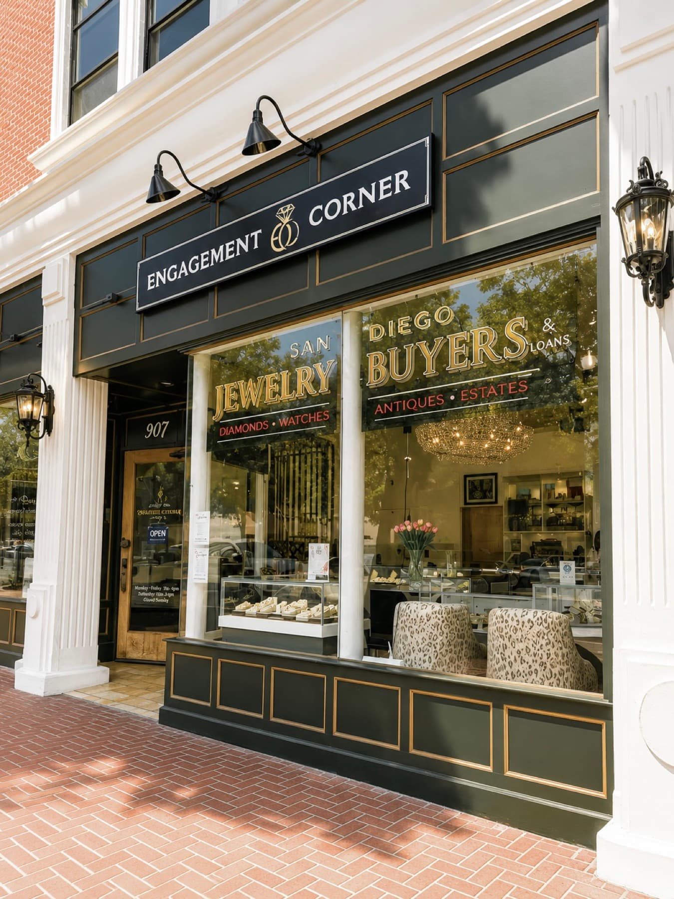 San Diego Jewelry Buyers storefront at 907 Sixth Ave, green facade with white pillars